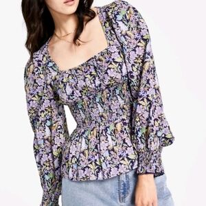 INC International Concepts Blue and Purple Smocked Long Sleeve Blouse